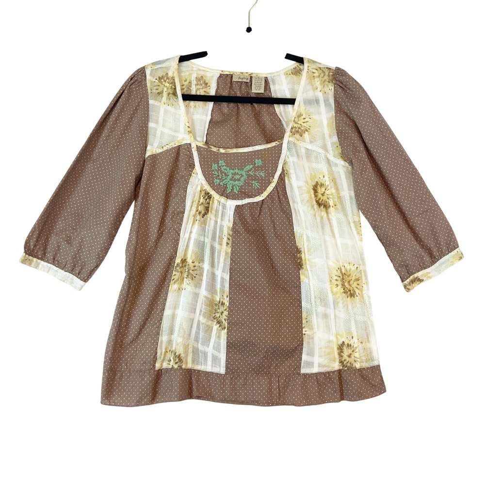 Daytrip Top Women L Brown Floral Patchwork Boho Hippie 70s Retro Granola Cottage